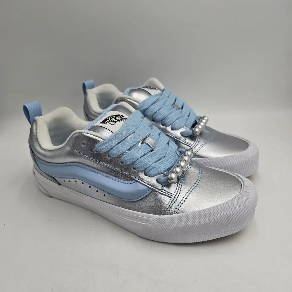Vans Womens 8 Knu Skool Silver Blue Metallic Chunky Skate Sneakers NWOT Y2K